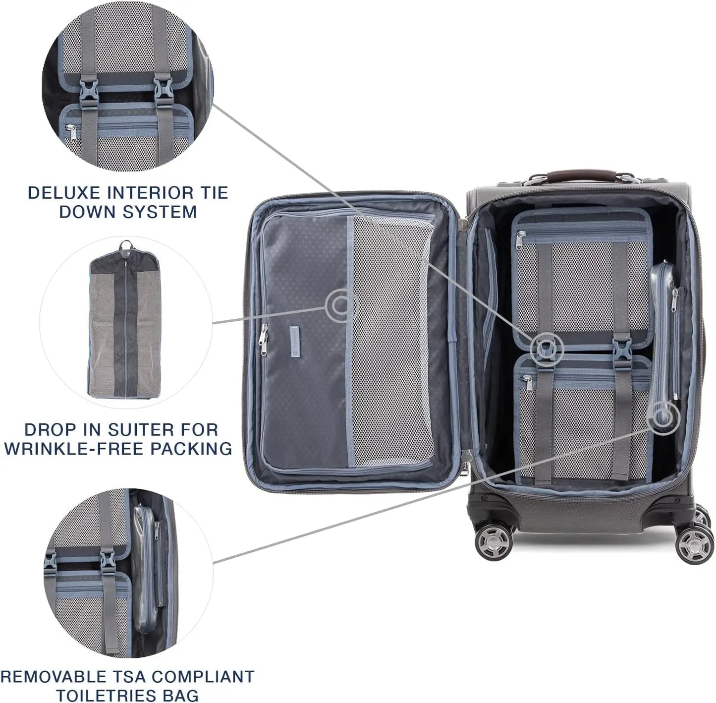 Platinum Elite Softside Expandable Carry on Luggage, 8 Wheel Spinner Suitcase, USB Port, Suiter, Men and Women, Vintage Grey