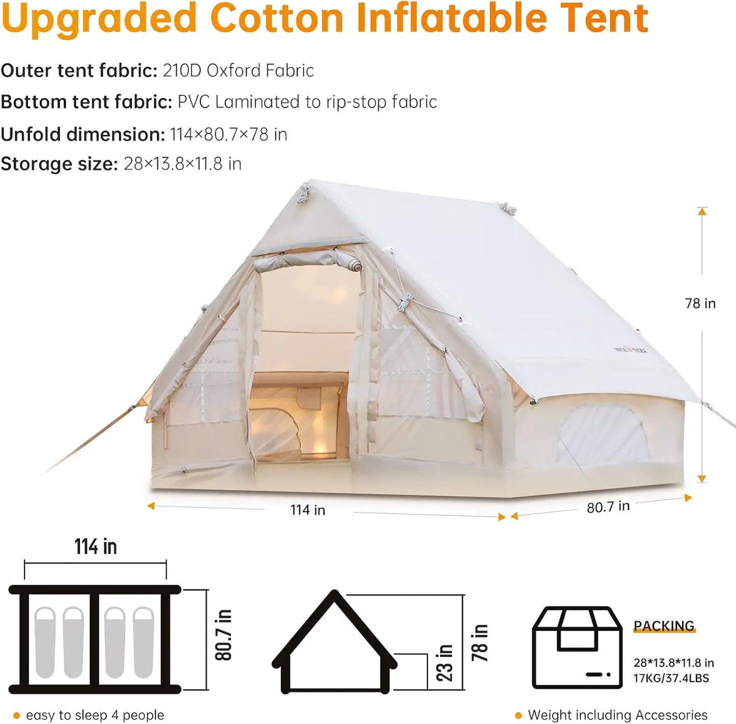 Camping Tent with Pump, Glamping Tents, Easy Setup 4 Season Waterproof Windproof Outdoor Blow Up Tent, Luxury Cabin T