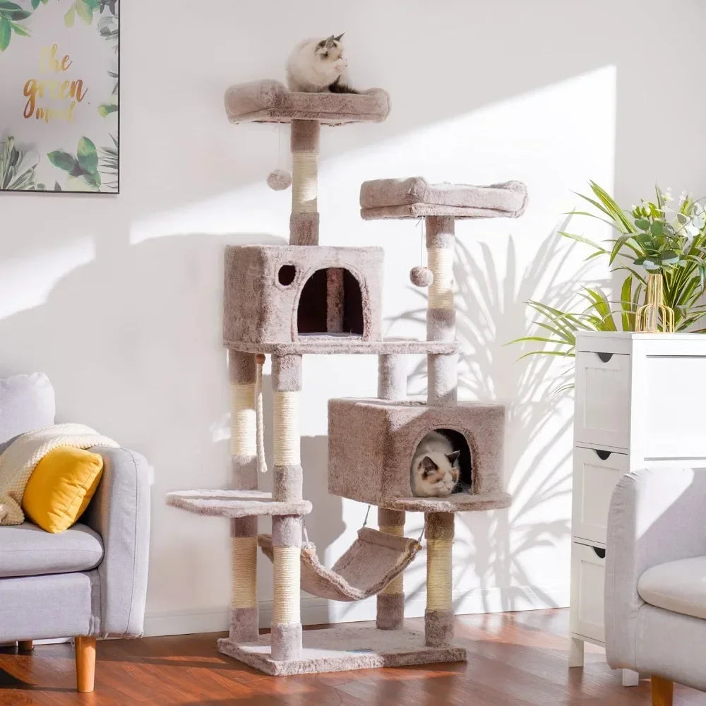 Large Multi-Level Cat Tree Condo Furniture with Sisal-Covered Scratching Posts, 2 Bigger Plush Condos, Perch Hammock for Kittens