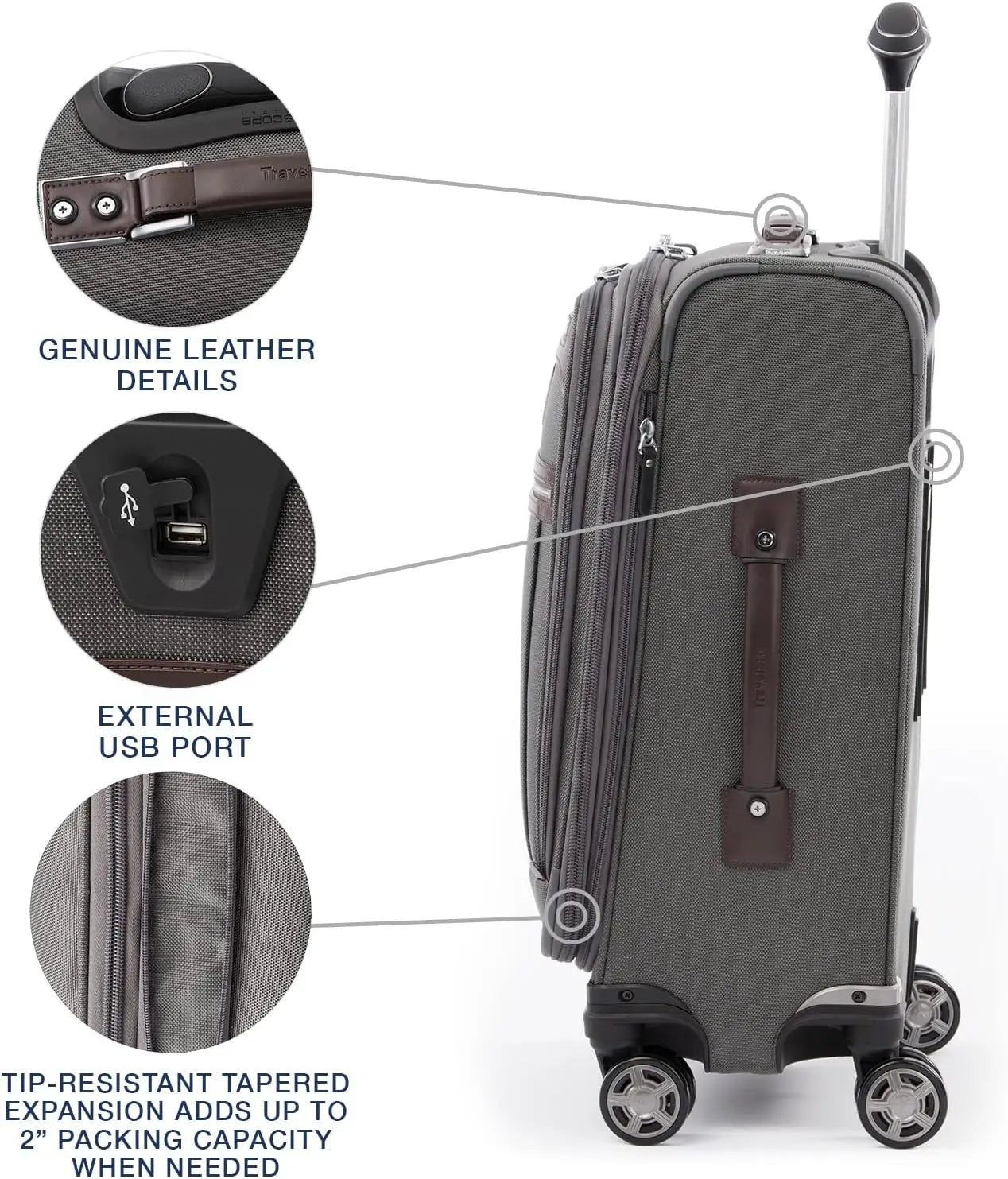 Platinum Elite Softside Expandable Carry on Luggage, 8 Wheel Spinner Suitcase, USB Port, Suiter, Men and Women, Vintage Grey