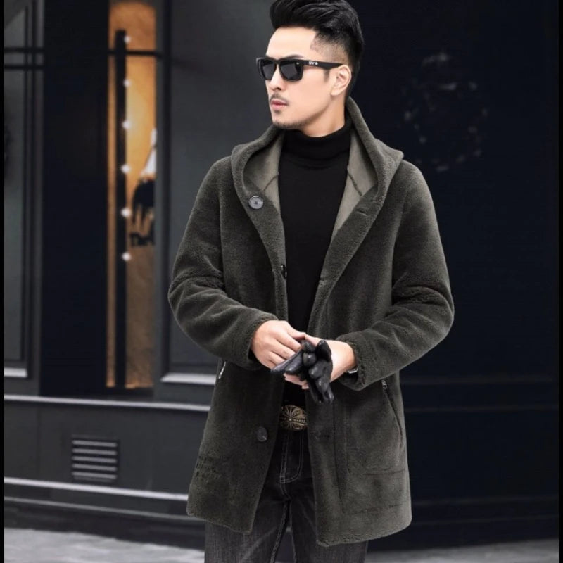 Men Winter Long Casual Thick Fleece Hooded Waterproof Jacket Male Real Fur Wool Coat Outwear Vintage Clothing G436