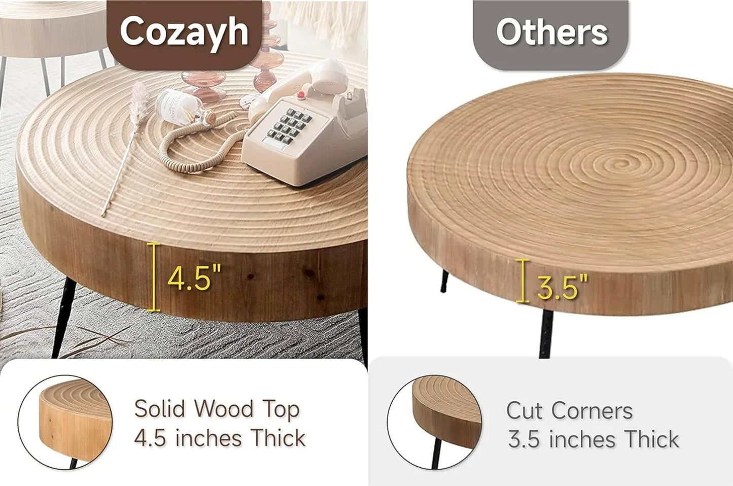 2-Piece Modern Farmhouse Living Room Coffee Table Set, Nesting Table Round Natural Finish with Handcrafted Wood Ring Motif