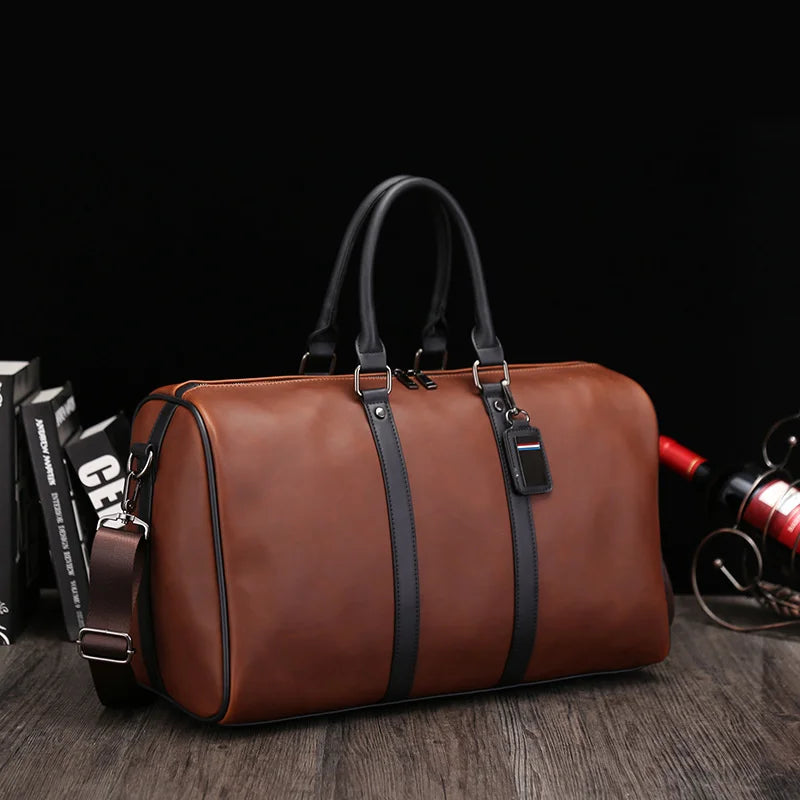 Vintage PU Leather Men Luggage Travel Bag Large Capacity Shoulder Duffel Bag Sports Fitness Gym Bag Weekend Male Hanbag