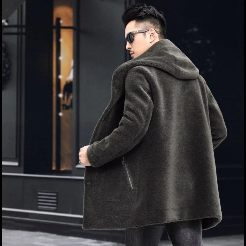 Men Winter Long Casual Thick Fleece Hooded Waterproof Jacket Male Real Fur Wool Coat Outwear Vintage Clothing G436