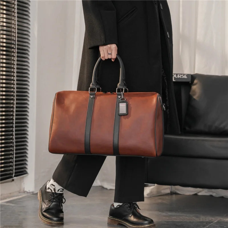 Vintage PU Leather Men Luggage Travel Bag Large Capacity Shoulder Duffel Bag Sports Fitness Gym Bag Weekend Male Hanbag
