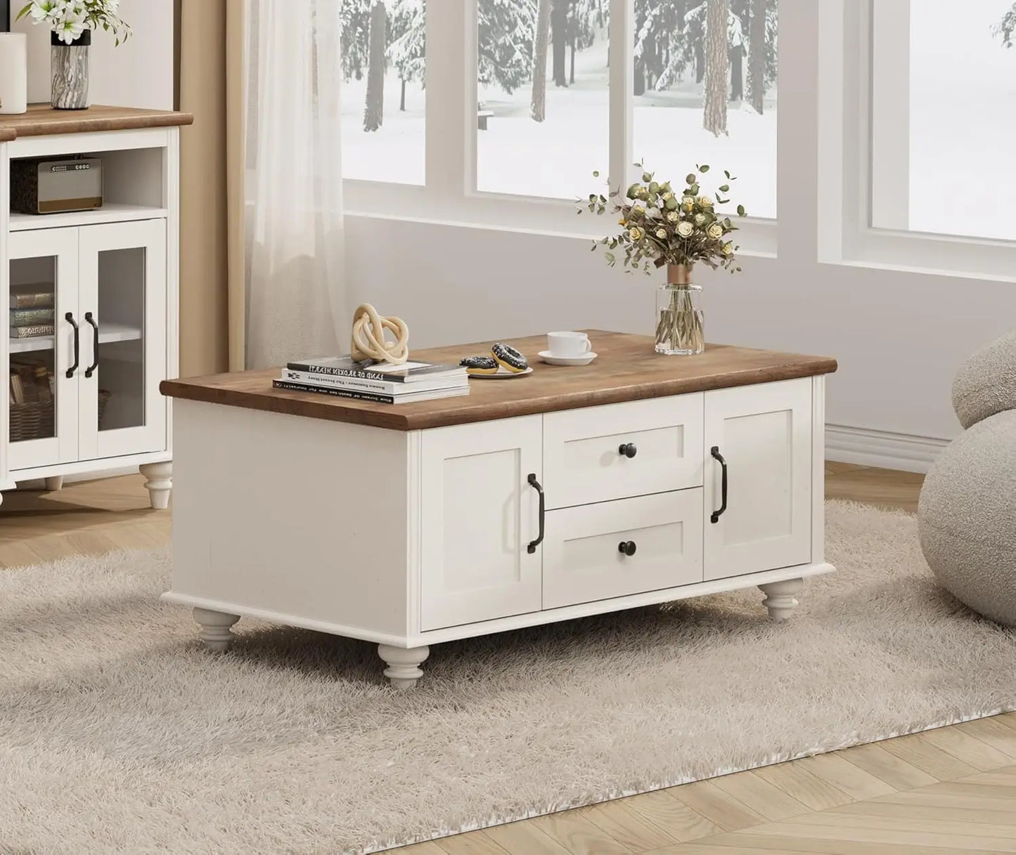 WAMPAT Modern Coffee Table with Storage Cabinet, White Coffee Tables for Living Room, Wood Rectangle Center Table with Drawer