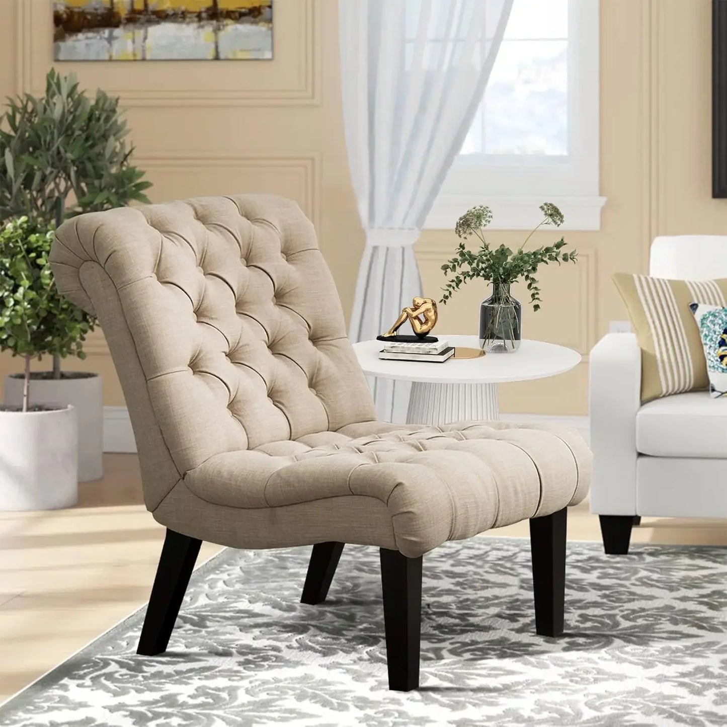Upholstered Accent Chair for Bedroom Living Room Chairs Modern Armless Side Chair with Wood Legs Khaki Fabric