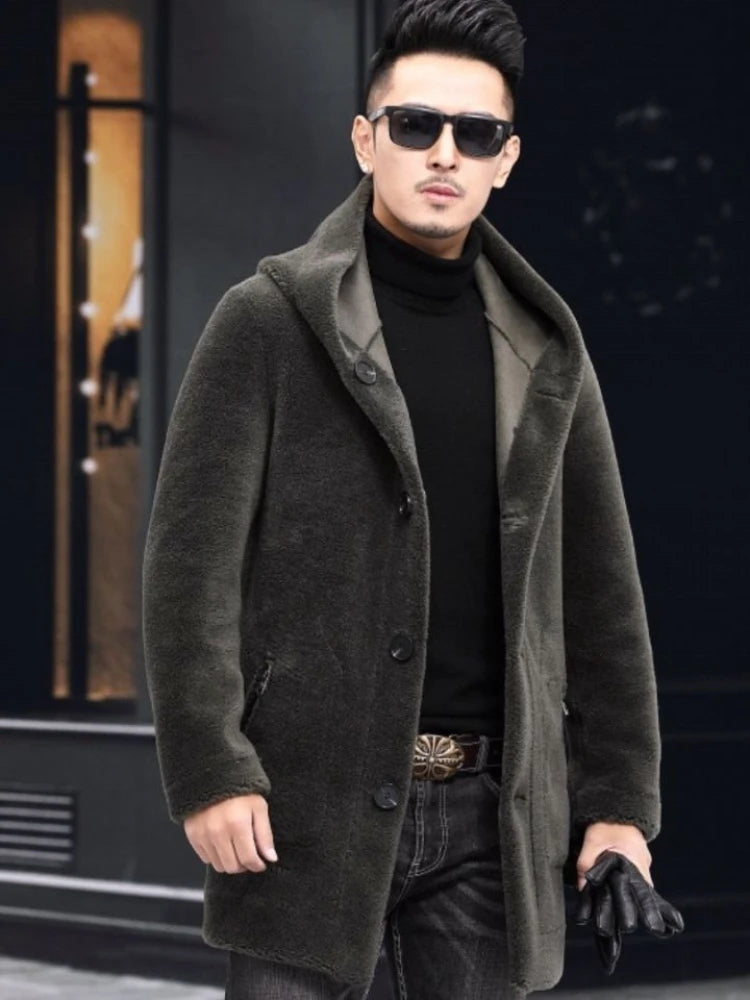 Men Winter Long Casual Thick Fleece Hooded Waterproof Jacket Male Real Fur Wool Coat Outwear Vintage Clothing G436