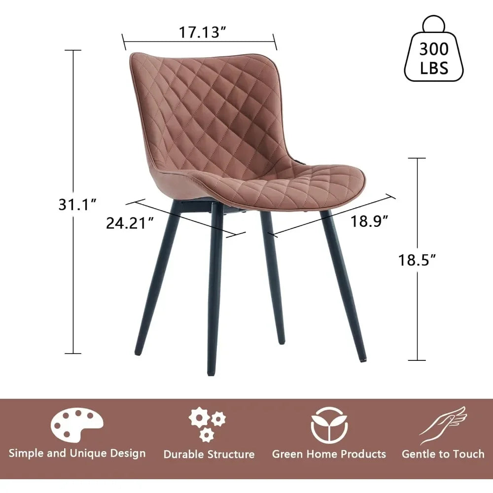 Coffee Brown Dining Chairs Set of 2 Mid Century Modern PU Leather Diamond Upholstered Accent Guest Dinner Chair with Back Metal