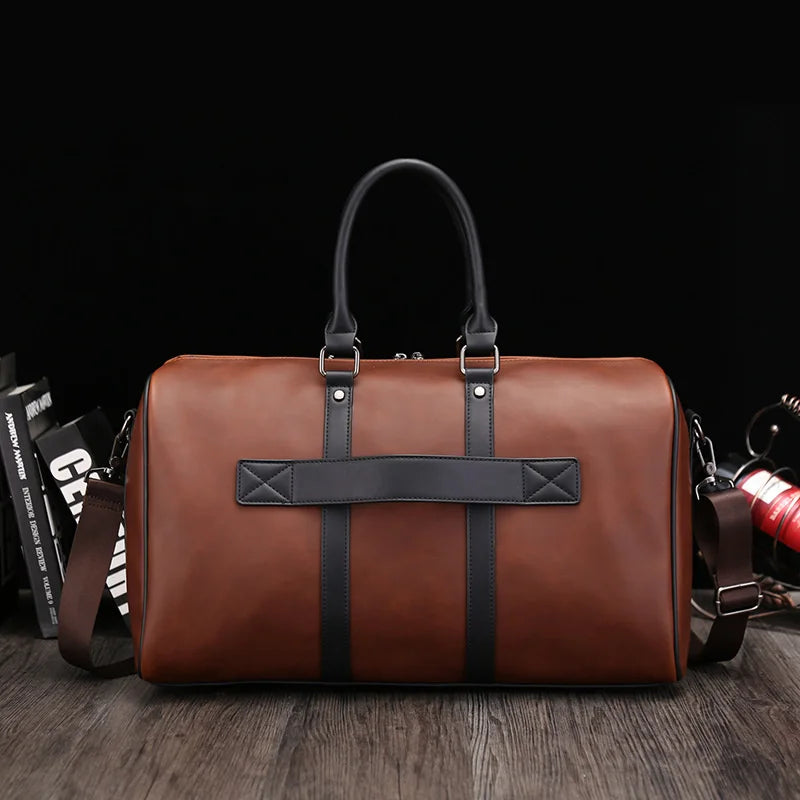 Vintage PU Leather Men Luggage Travel Bag Large Capacity Shoulder Duffel Bag Sports Fitness Gym Bag Weekend Male Hanbag