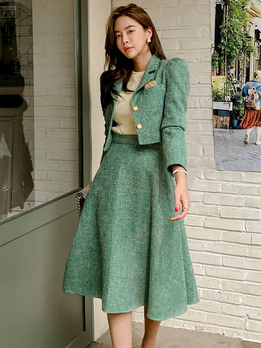 Women Two piece Set Korean Chic French Temperament V-neck Pearl Button Puff Sleeve Short Jacket + High Waist Swing Skirt Suits