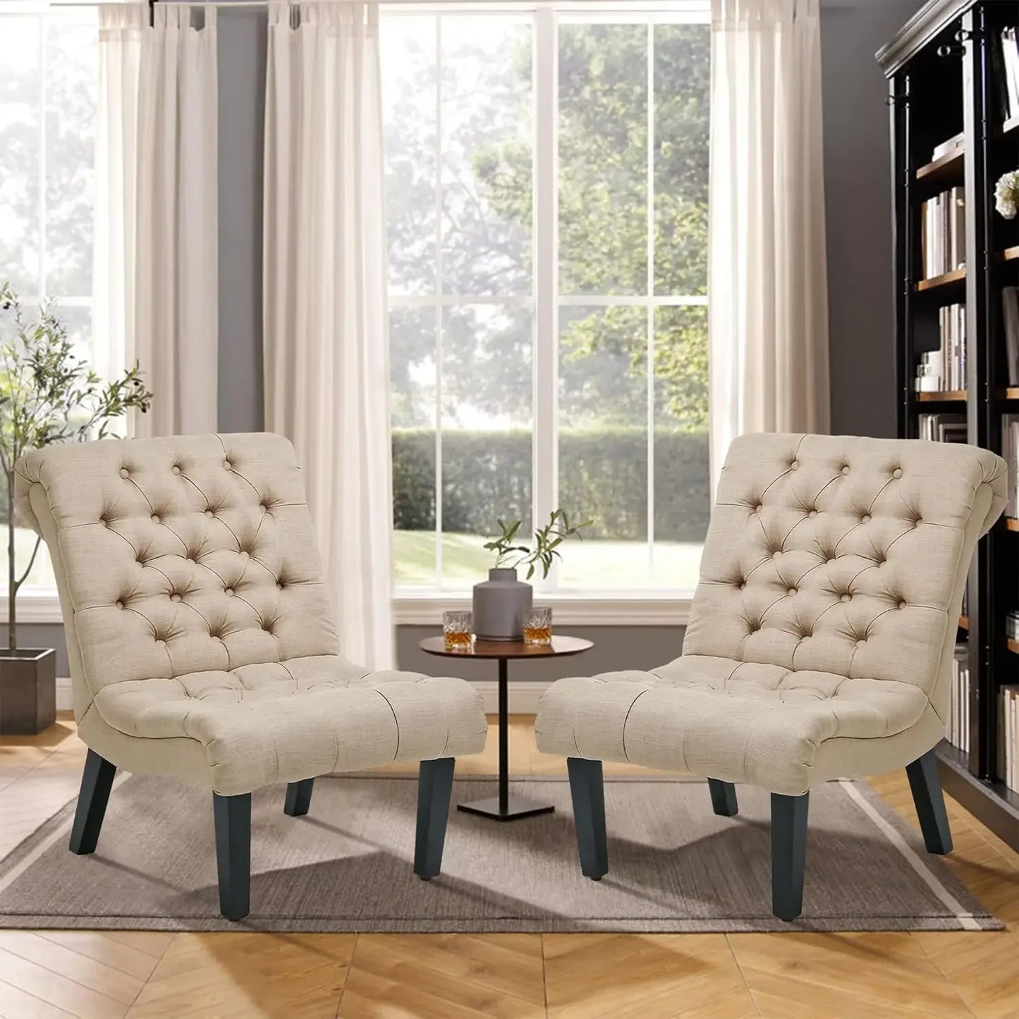 Upholstered Accent Chair for Bedroom Living Room Chairs Modern Armless Side Chair with Wood Legs Khaki Fabric