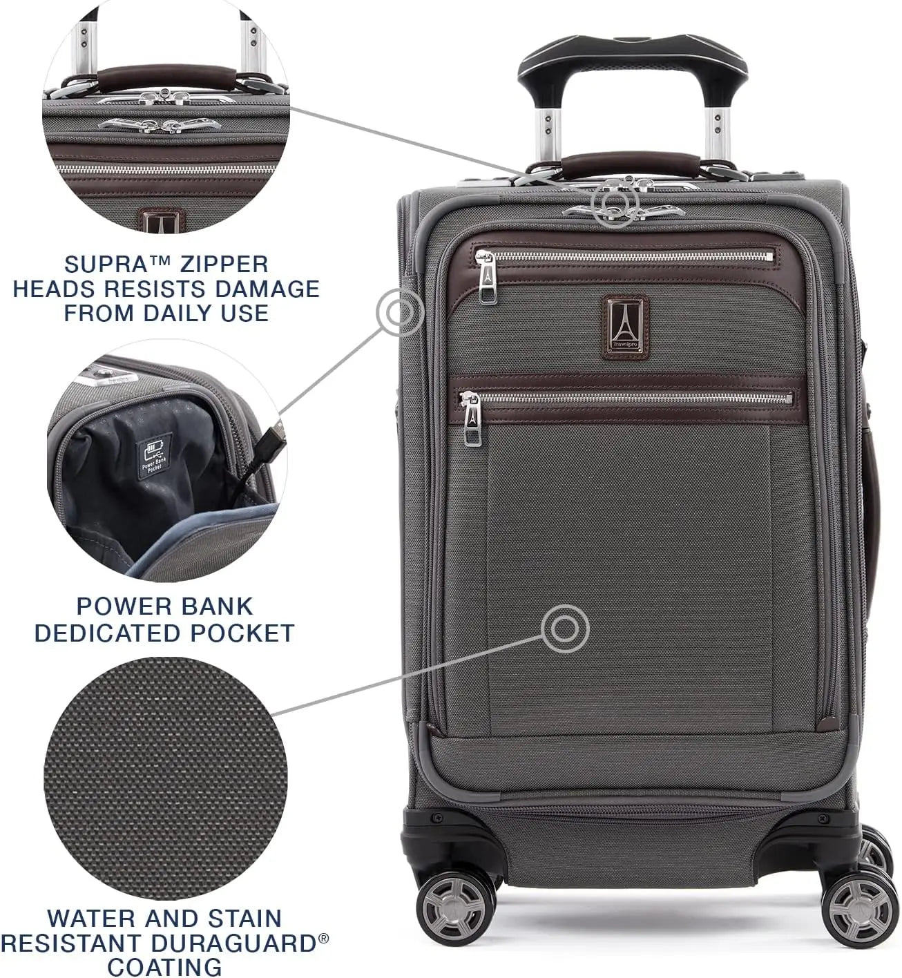 Platinum Elite Softside Expandable Carry on Luggage, 8 Wheel Spinner Suitcase, USB Port, Suiter, Men and Women, Vintage Grey