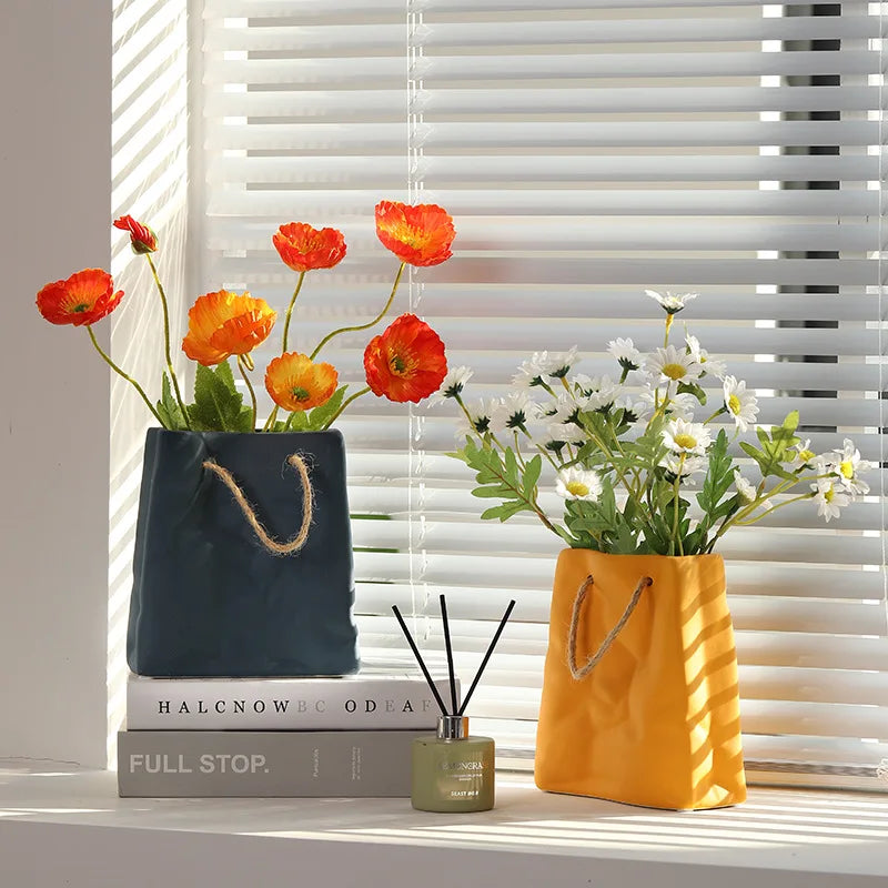 Nordic Creative Shopping Basket ceramic Vase Bag Decoration Simple Dried Flower Arrangement Vase Table Decoration