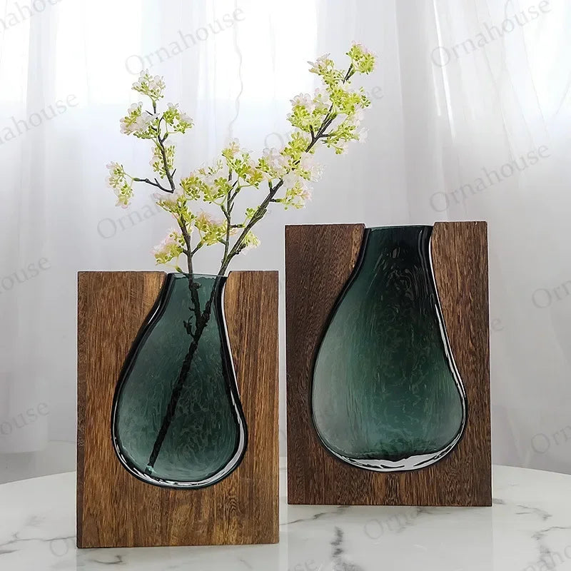 Nordic Creative New Solid Wood Transparent Glass Vase Home Design Decoration Hotel Decoration Vases تحف كبيره للمنزل فازات
