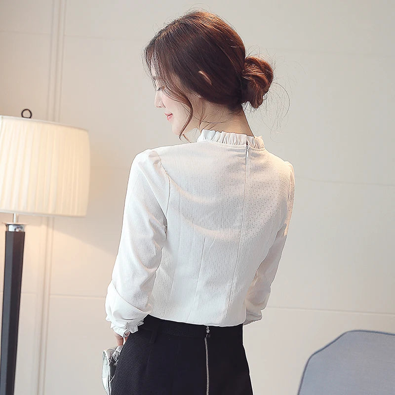 Women Shirts Blouses Long Sleeve White Shirt Chic Folds Chiffon Blouse OL Basic Female Tops 2024 Fashion Elegant Woman Clothing