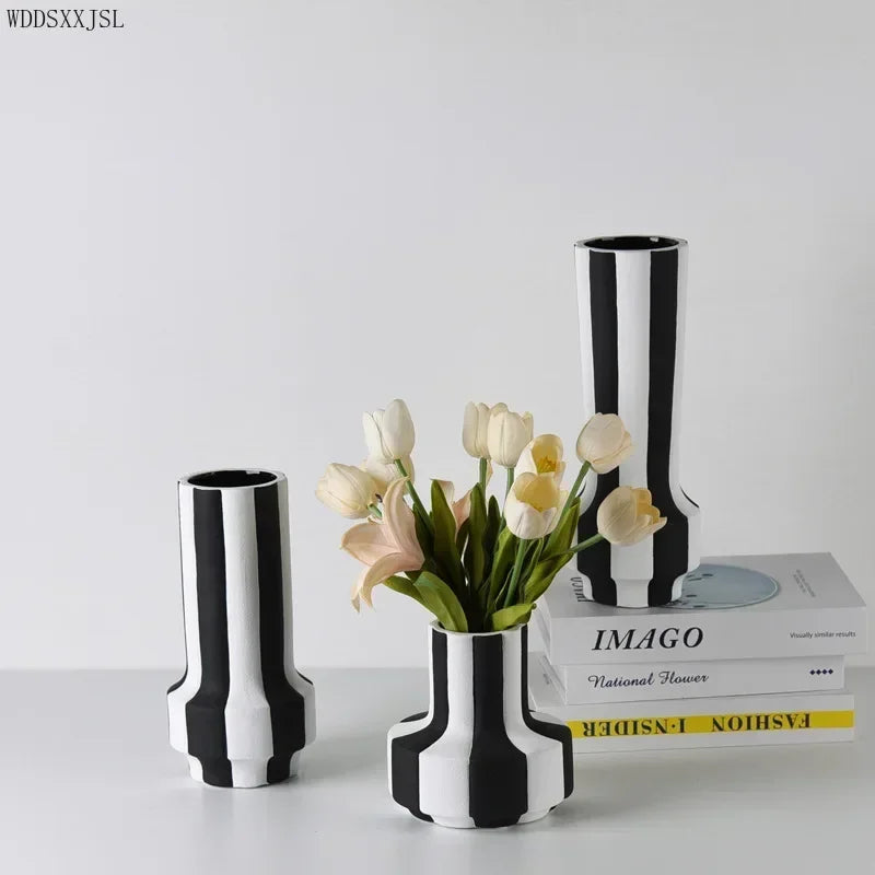 Modern simplicity black and white striped ceramic vase decoration home living room flower arrangement vase decoration