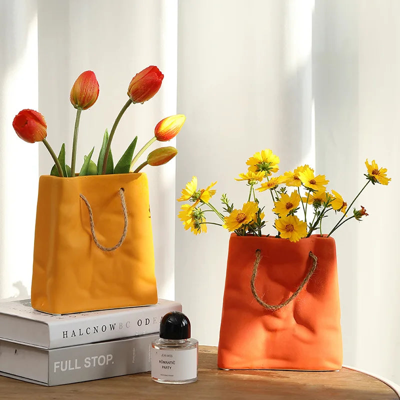 Nordic Creative Shopping Basket ceramic Vase Bag Decoration Simple Dried Flower Arrangement Vase Table Decoration