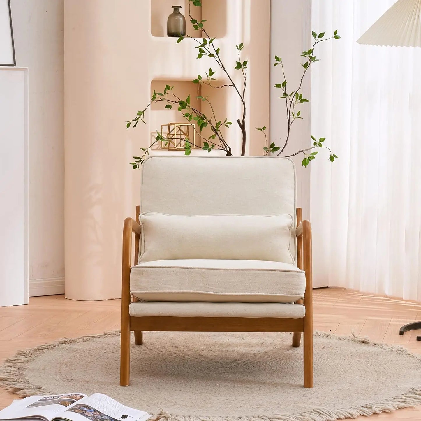 home Accent Chair Mid-Century Modern Chair with Pillow Upholstered Lounge Arm Chair with Solid Wood Frame & Soft Cushion for Liv