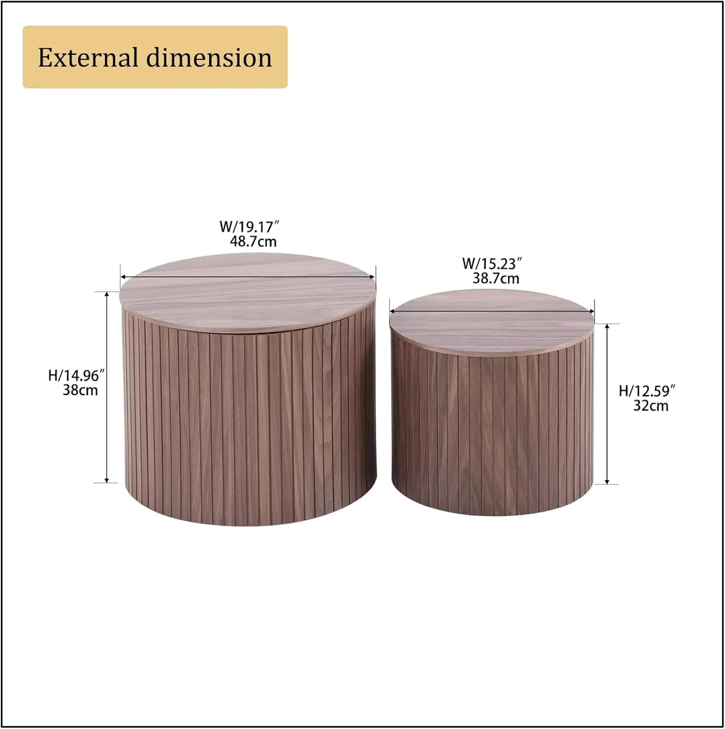 19.17" Nesting Coffee Tables Set of 2, Modern Round Wooden Design with Storage,Fluted Natural Wood Veneer Coffee Table