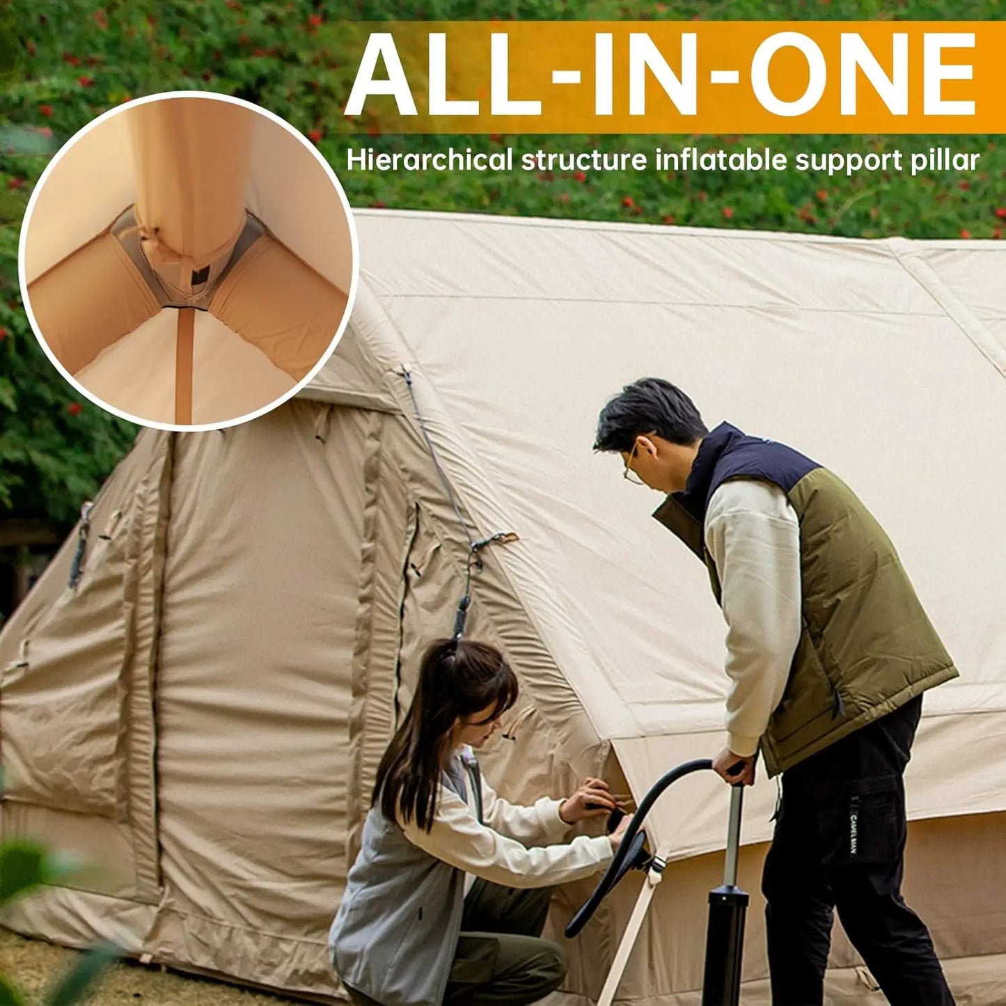 Camping Tent with Pump, Glamping Tents, Easy Setup 4 Season Waterproof Windproof Outdoor Blow Up Tent, Luxury Cabin T