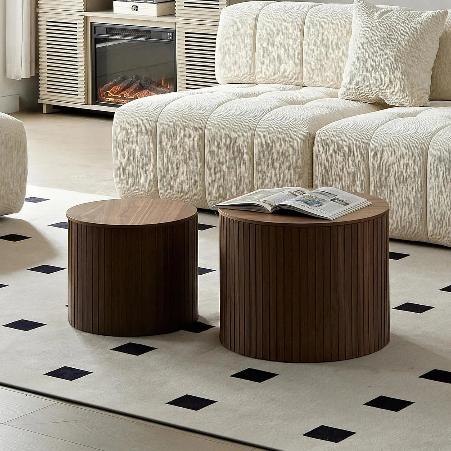 19.17" Nesting Coffee Tables Set of 2, Modern Round Wooden Design with Storage,Fluted Natural Wood Veneer Coffee Table