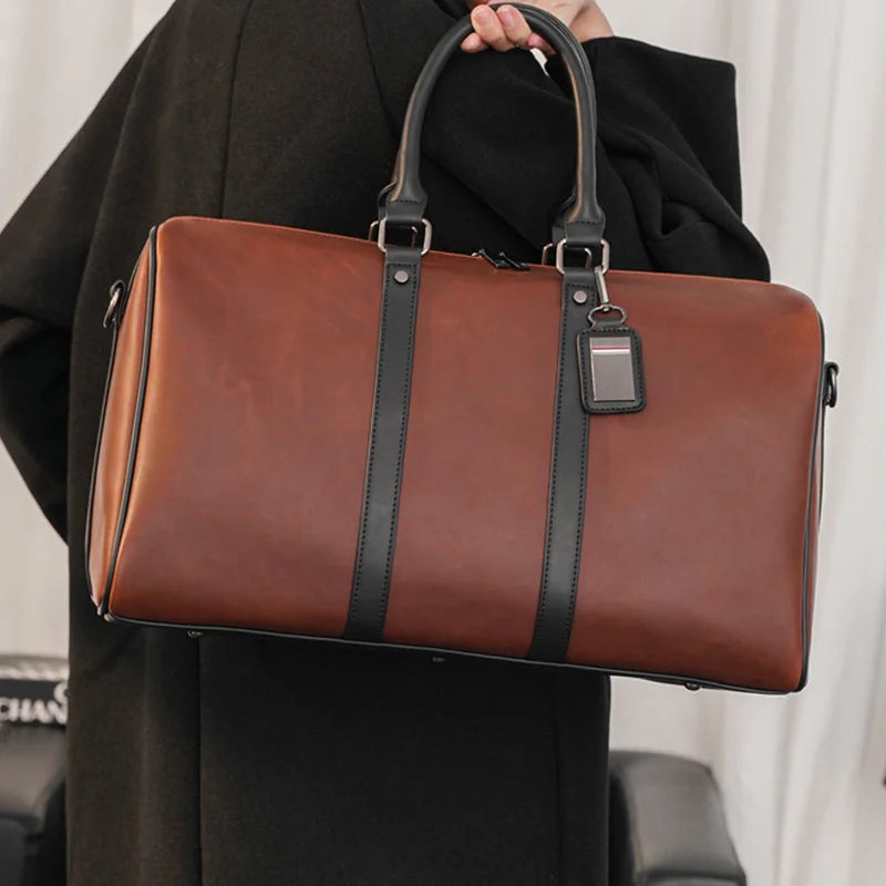 Vintage PU Leather Men Luggage Travel Bag Large Capacity Shoulder Duffel Bag Sports Fitness Gym Bag Weekend Male Hanbag