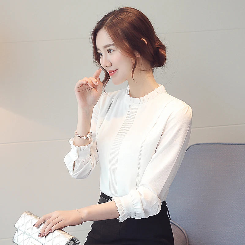 Women Shirts Blouses Long Sleeve White Shirt Chic Folds Chiffon Blouse OL Basic Female Tops 2024 Fashion Elegant Woman Clothing