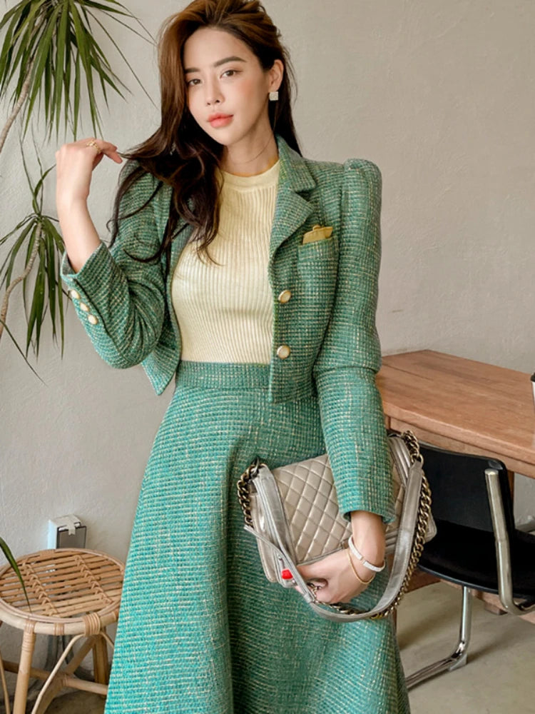 Women Two piece Set Korean Chic French Temperament V-neck Pearl Button Puff Sleeve Short Jacket + High Waist Swing Skirt Suits