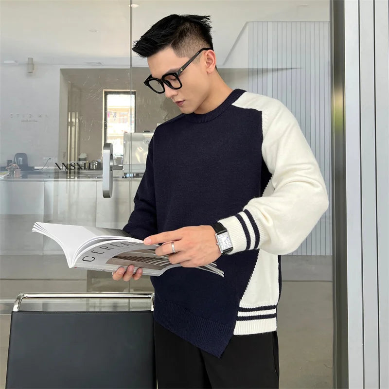 Men’s Crewneck Pullovers Patchwork Knitted Sweaters Autumn Casual Y2K Vintage Knitwear Pull Homme Korean Fashion Luxury Clothing