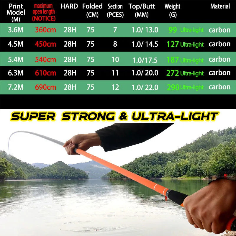 PAZA Telescopic Fishing Rod Carbon Fiber Stream Superhard Hand Durable Pole Carp Pesca 3.6M 4.5M 5.4M 6.3M 7.2M