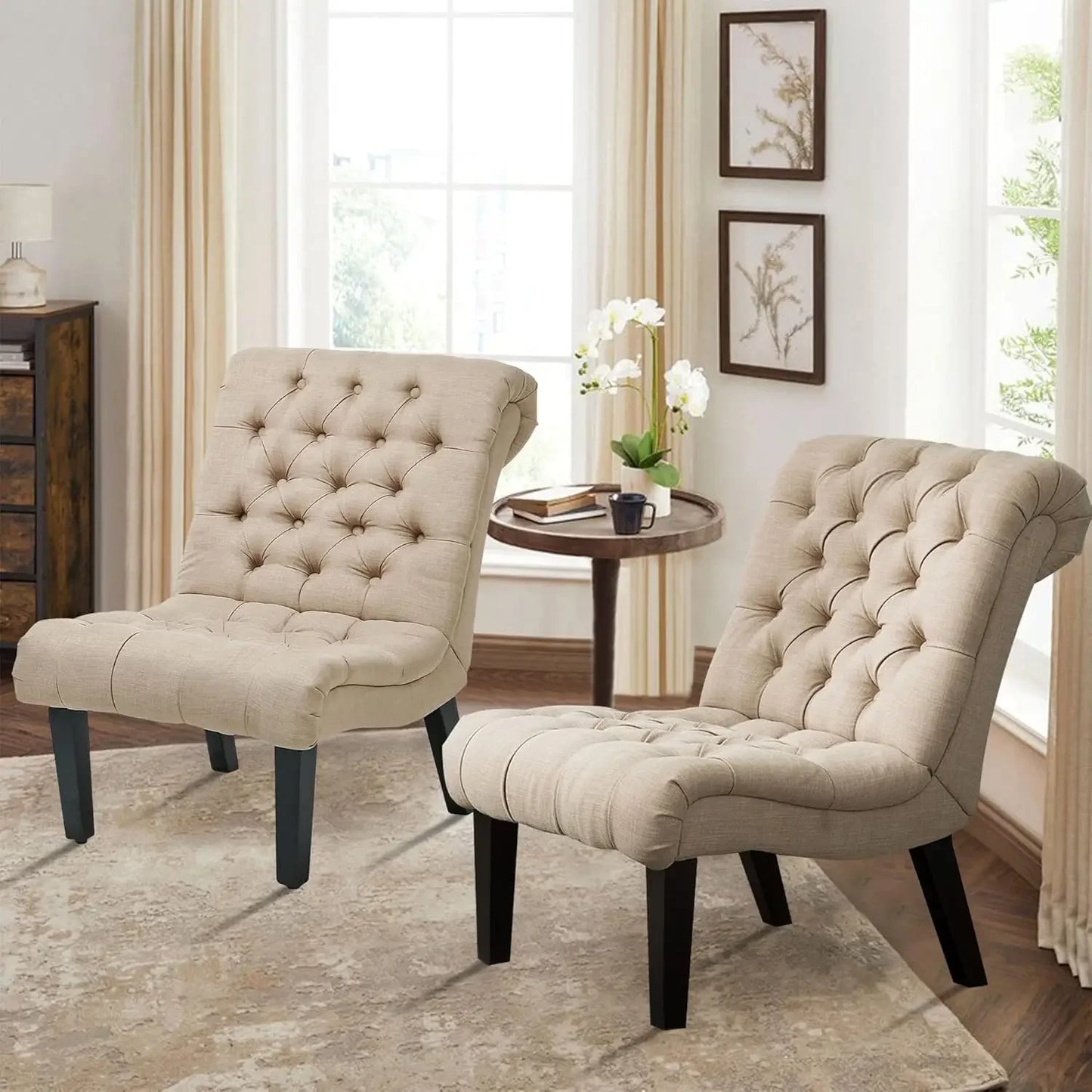 Upholstered Accent Chair for Bedroom Living Room Chairs Modern Armless Side Chair with Wood Legs Khaki Fabric