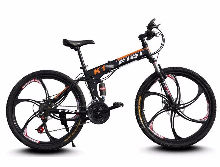 FIQI, 26-inch folding mountain bike, 21-speed black bike with high carbon steel, dual disc brakes non-slip express release