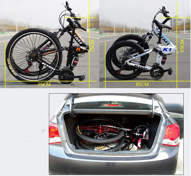 FIQI, 26-inch folding mountain bike, 21-speed black bike with high carbon steel, dual disc brakes non-slip express release