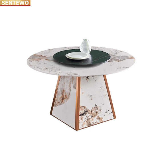 Designer Luxury round kitchen Marble Rock Slab dining table set 4 6 chairs mesa de jantar tablo marbre Stainless steel gold base
