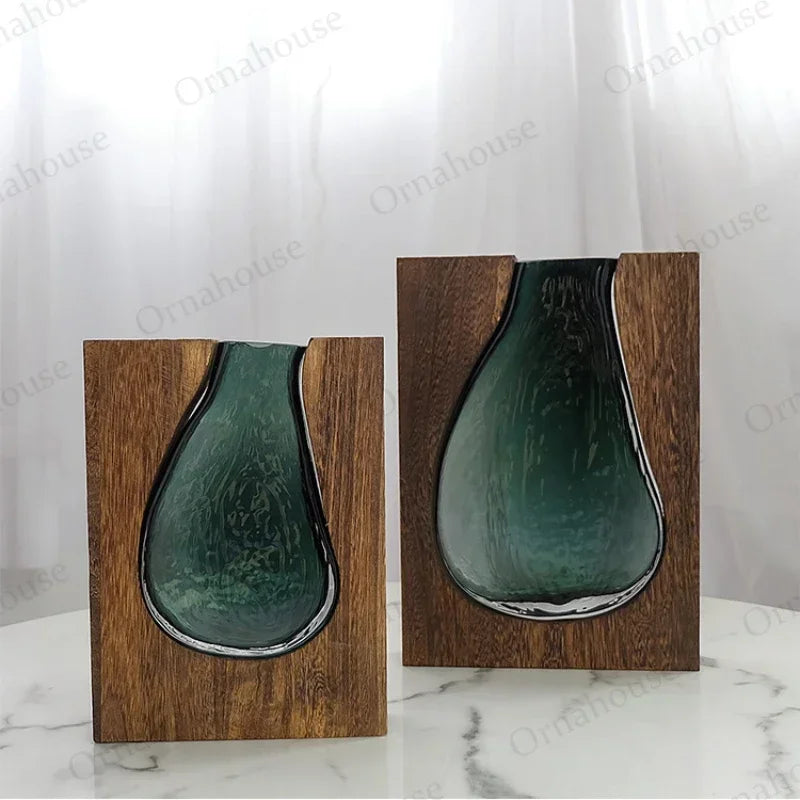 Nordic Creative New Solid Wood Transparent Glass Vase Home Design Decoration Hotel Decoration Vases تحف كبيره للمنزل فازات
