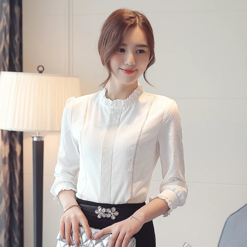 Women Shirts Blouses Long Sleeve White Shirt Chic Folds Chiffon Blouse OL Basic Female Tops 2024 Fashion Elegant Woman Clothing