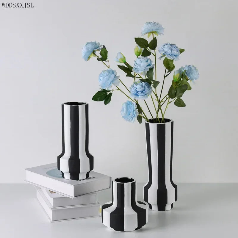 Modern simplicity black and white striped ceramic vase decoration home living room flower arrangement vase decoration