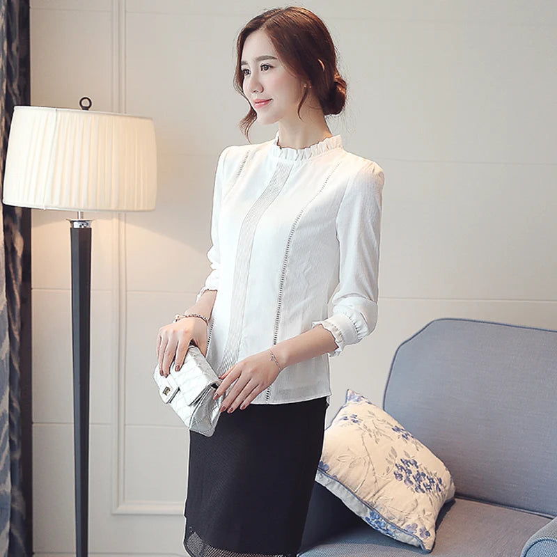 Women Shirts Blouses Long Sleeve White Shirt Chic Folds Chiffon Blouse OL Basic Female Tops 2024 Fashion Elegant Woman Clothing