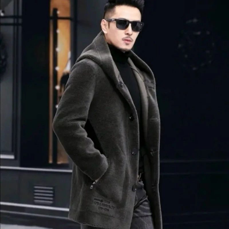 Men Winter Long Casual Thick Fleece Hooded Waterproof Jacket Male Real Fur Wool Coat Outwear Vintage Clothing G436