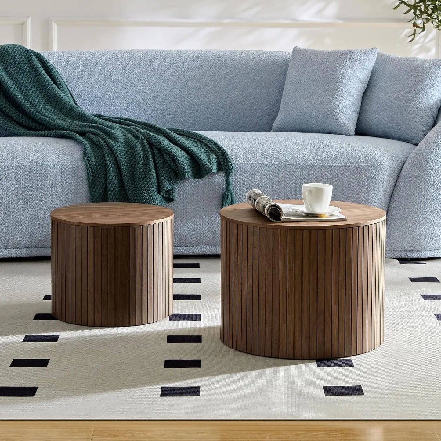 19.17" Nesting Coffee Tables Set of 2, Modern Round Wooden Design with Storage,Fluted Natural Wood Veneer Coffee Table