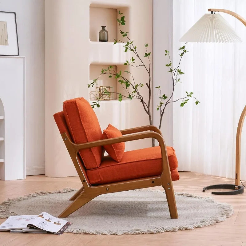 Accent Chair Mid-Century Modern Chair with Pillow Upholstered Lounge Arm Chair with Solid Wood Frame & Soft Cushion