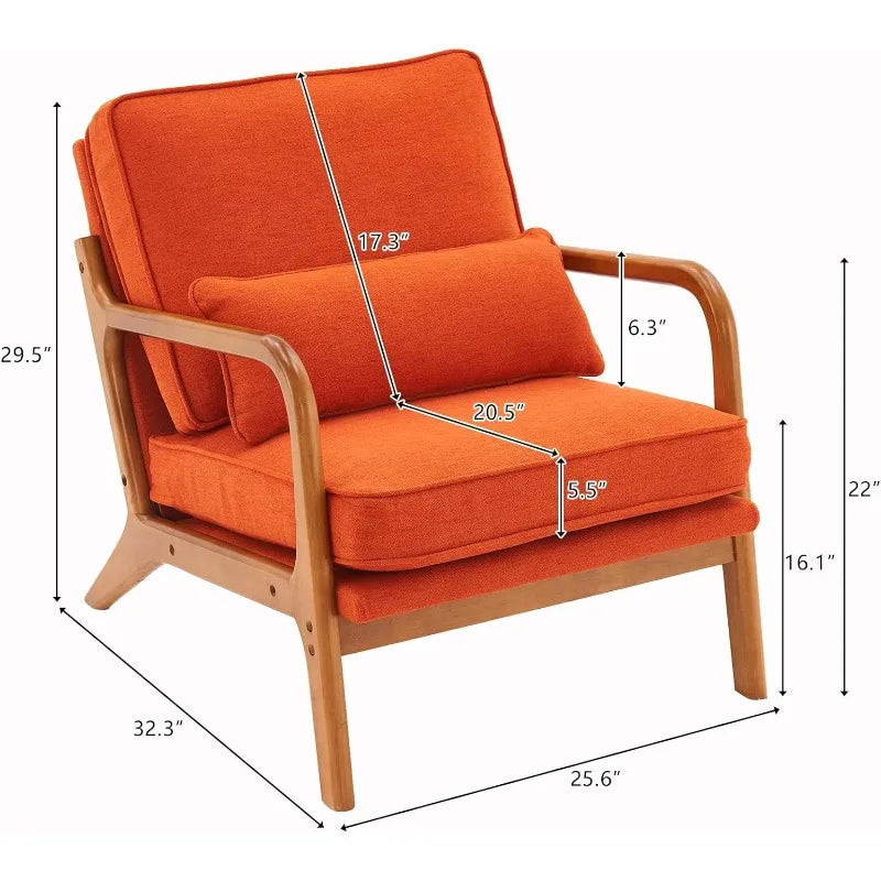 Accent Chair Mid-Century Modern Chair with Pillow Upholstered Lounge Arm Chair with Solid Wood Frame & Soft Cushion