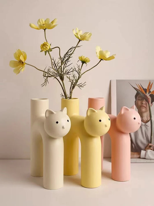 Creative Ceramic Flower Vase Cute Tubular Kawaii Cat Vase Room Home Desktop Decoration Art Ornament Gift Flowerpot Free Shipping