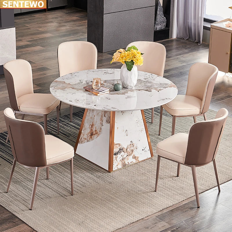 Designer Luxury round kitchen Marble Rock Slab dining table set 4 6 chairs mesa de jantar tablo marbre Stainless steel gold base