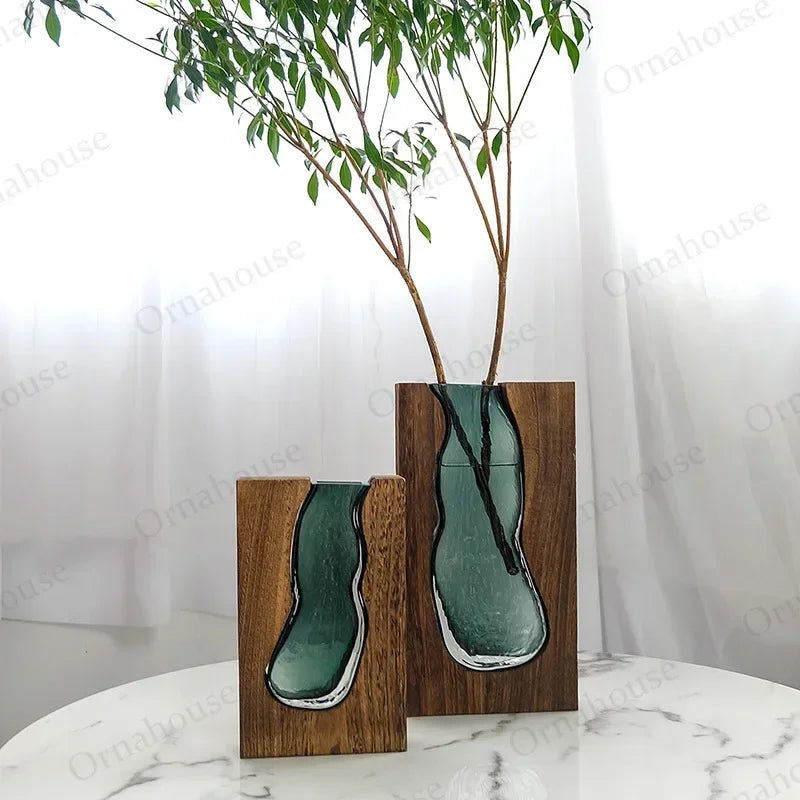 Nordic Creative New Solid Wood Transparent Glass Vase Home Design Decoration Hotel Decoration Vases تحف كبيره للمنزل  فازات