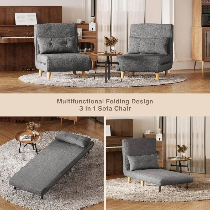 3-in-1 Sleeper Chair Bed, Convertible Chair Bed Futon Sofa Bed with Adjustable Backrest, Accent Chair for Apartment, Dark Grey