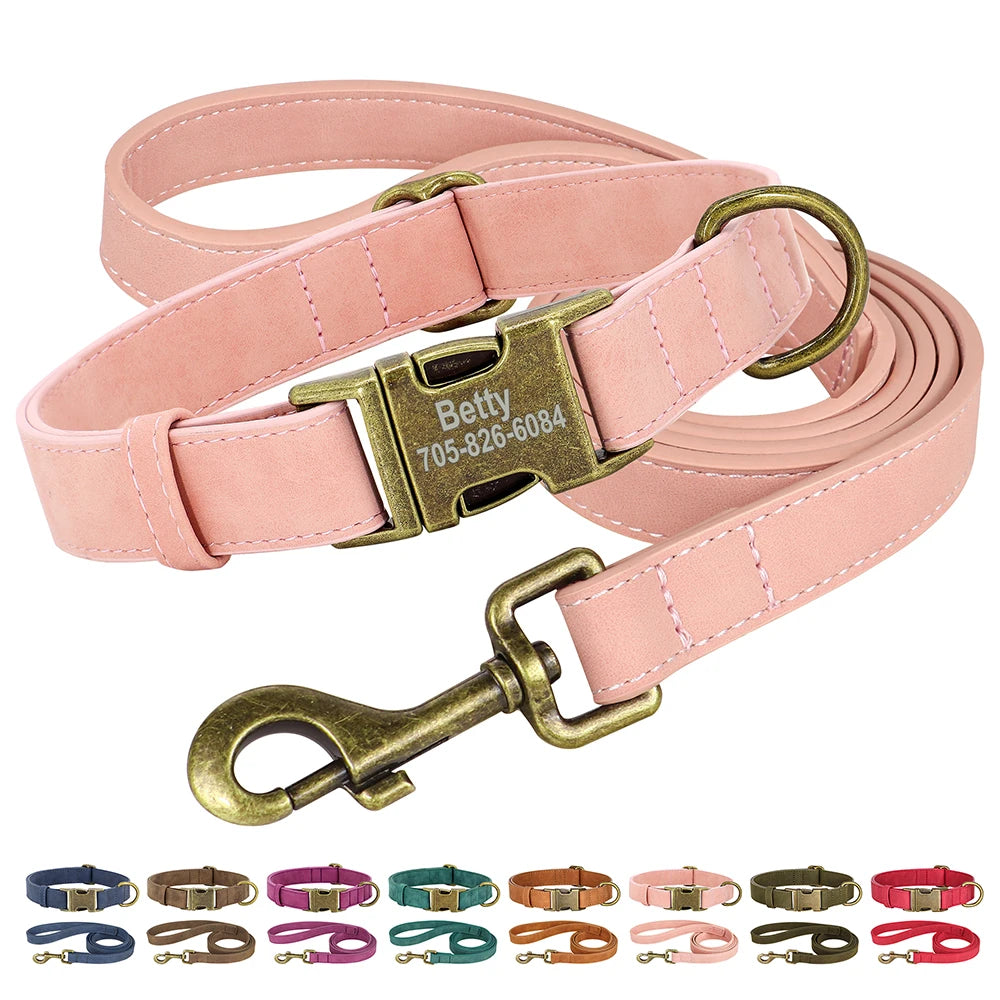 Personalized Dog Collar Leash Set Customized Dogs Collar Walking Lead Rope Leather Pet Collars for Small Medium Large Dogs Pug