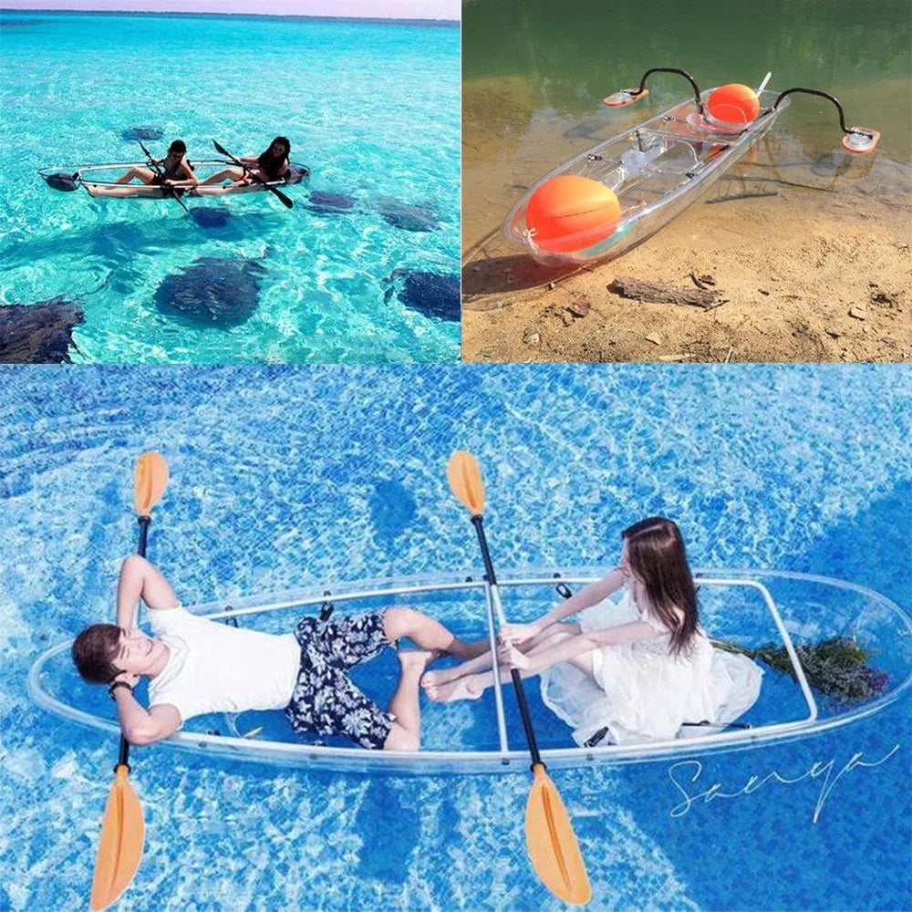 Firstents Fishing 11ft Clear Inflatable Kayak 2 Person Transparent Kayaks Transparent Sightseeing Boat with Paddles