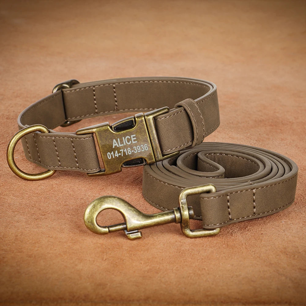 Personalized Dog Collar Leash Set Customized Dogs Collar Walking Lead Rope Leather Pet Collars for Small Medium Large Dogs Pug